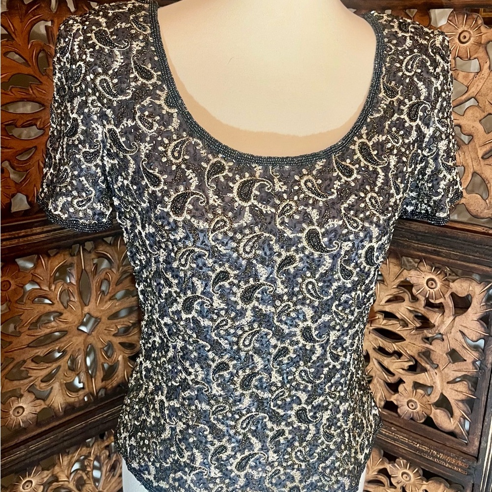 Adrianna Papell Black and Silver Lace Blouse